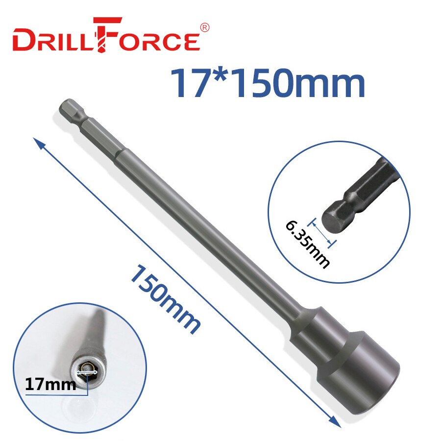 Drillforce 5.5-19x150mm Magnetic Nut Driver Set Impact Socket Sleeve Adapter Screwdriver Drill Bit 1/4" Quick Change Hex Shank: 17x150mm