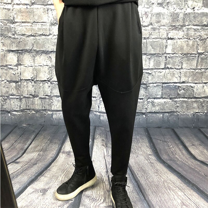 Pantalones de tiro caído para hombre, pantalón harén de estiramiento fino oscuro, color negro puro, estilo japonés, simple, para Otoño e Invierno