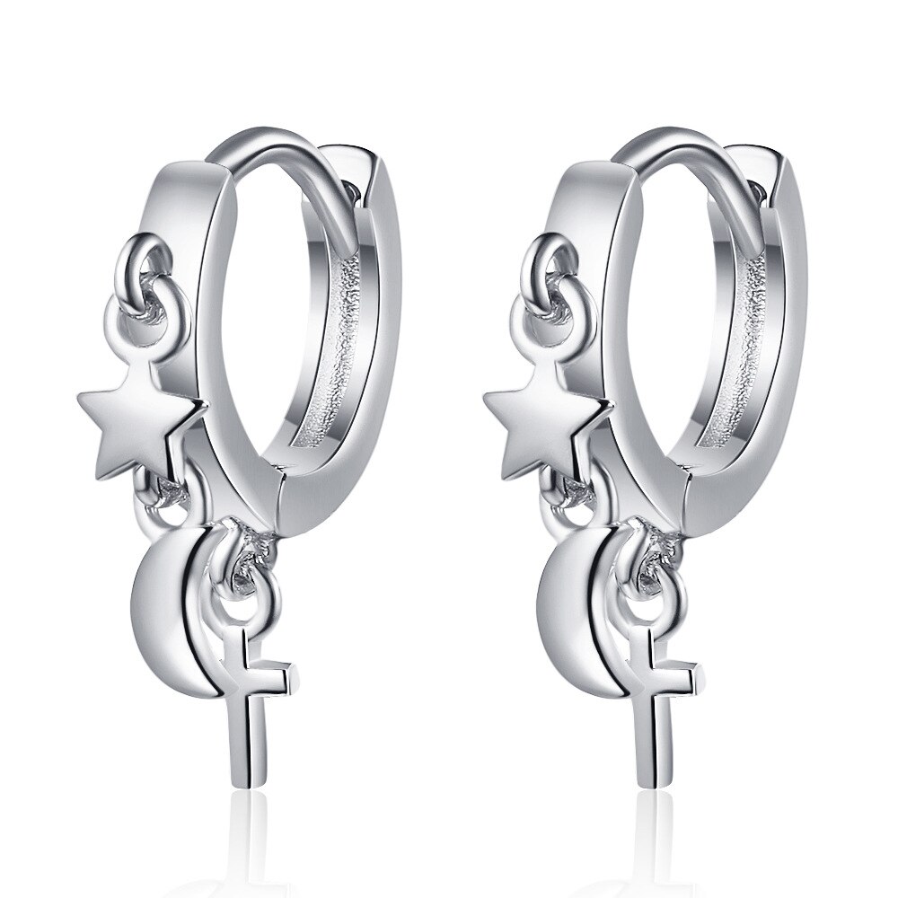 Pendientes sencillos de Plata de Ley 925 para mujer, aretes pequeños con botón de Luna y pequeña estrella, bisutería para hacer una declaración