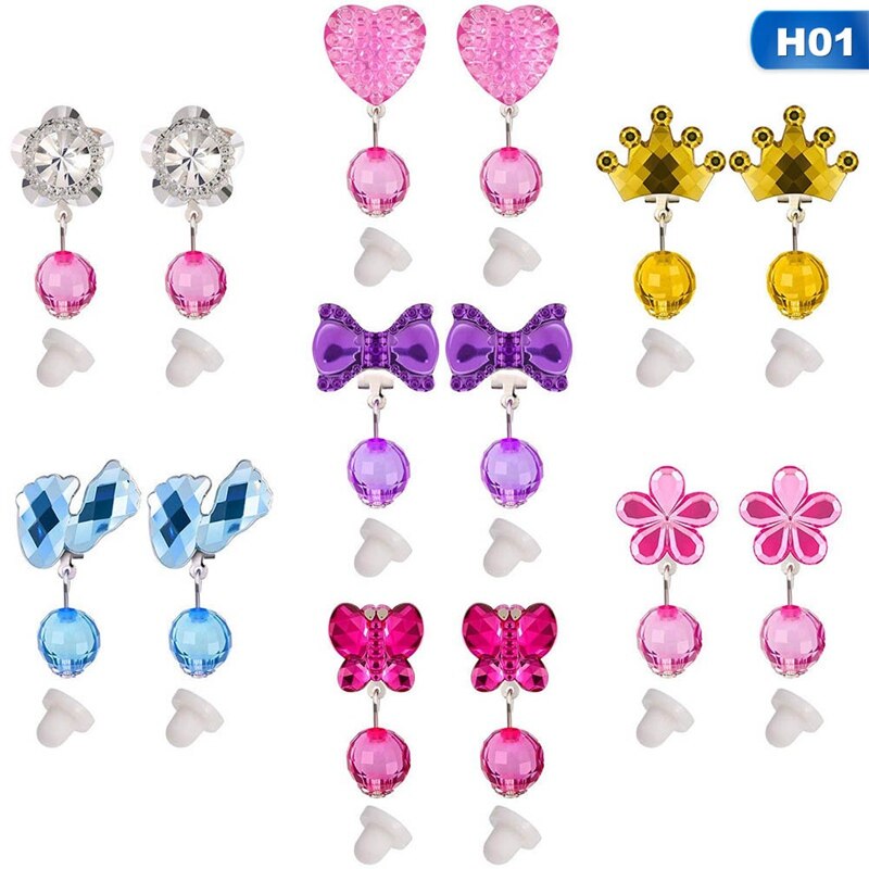 7 Pairs/Box Color Crystal Children Baby Girl Earrings Kids Pink Jelly Beads Ear Clip On Pierced Earrings Jewelry Party