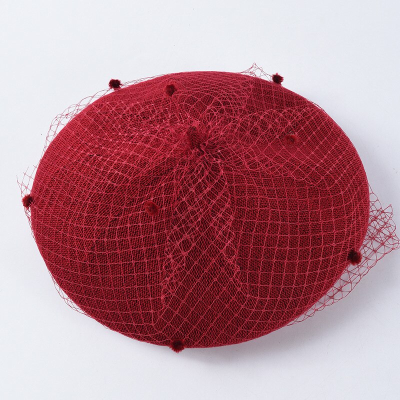 Fedora hoeden voor vrouwen dames fedora's wollen vilt mesh strik bloemen formele baretten retro baret britse mesh gaas stip pet: Wijn