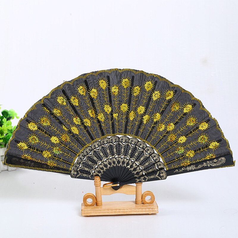 Art Fan Folding Tail Feather Plastic Bone Sequins Carved Hand Fan Summer Accessory Crafts Print Home Decor Embroidery