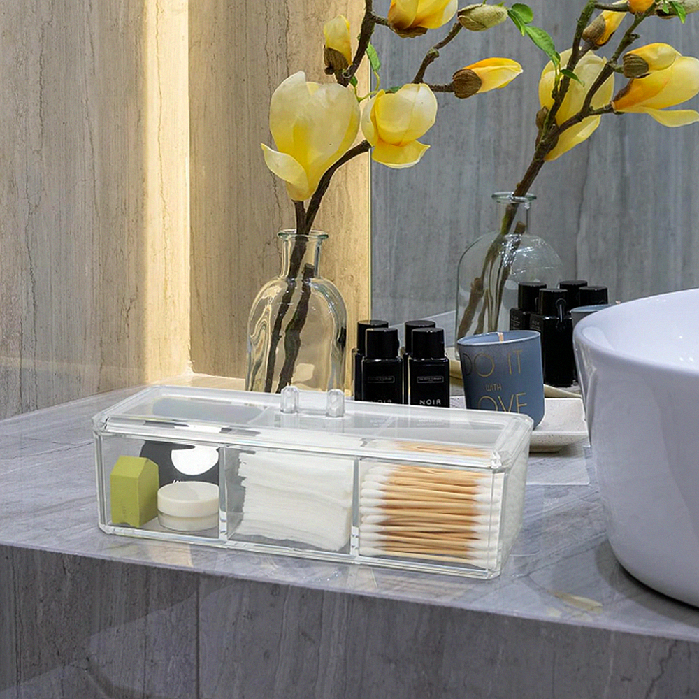 Clear Acrylic Desk Storage and Organizer, 3 Compartment Removable Grid Display Case Container with Lid for Jewelry, Teabag Box