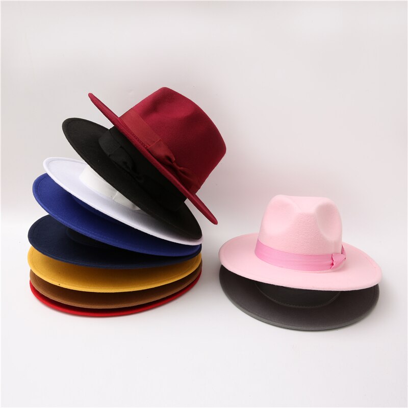 fedora hat women Bow ribbon band men hats wide brim classic beige white wedding church winter men women&#39;s hat gorras hombre