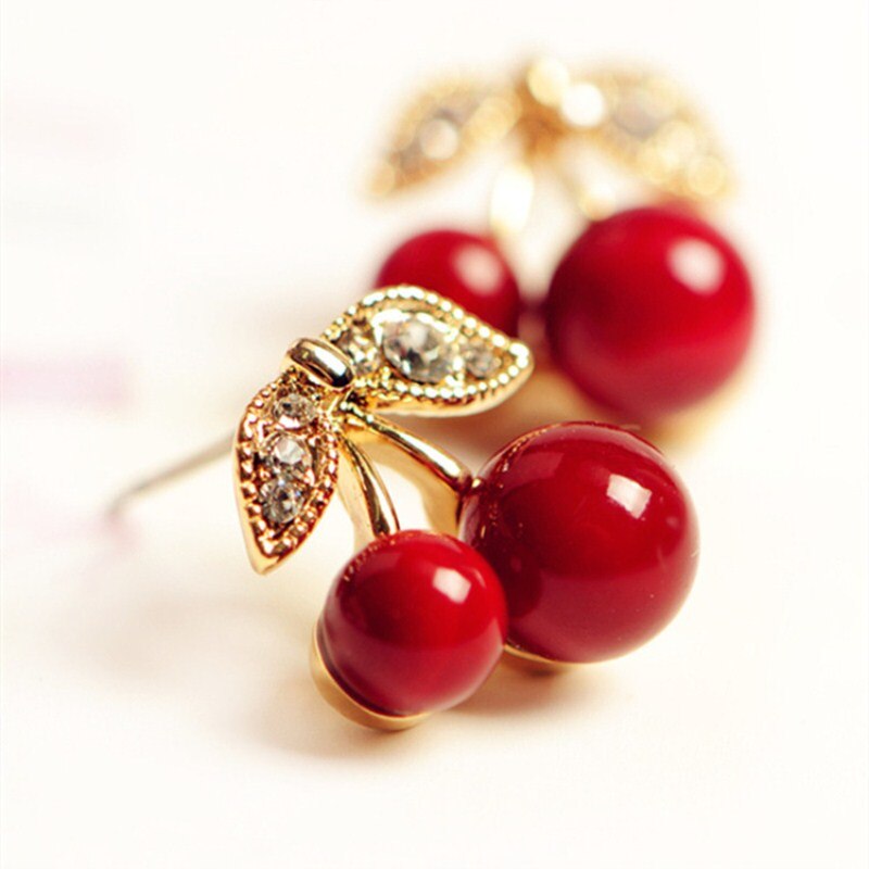 Neue Niedlich SchöNe rot Kirsche Ohrringe Strass Blatt Perle Zucht Ohrringe Für Frau Schmuck Boucle D'oreille