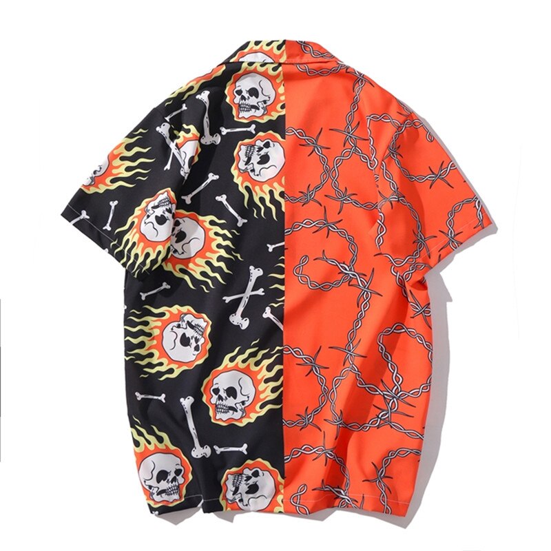 Kranium kædetrykte skjorter mænd sommer kortærmet hawaiian strand løse afslappede skjorter hip hop streetwear koreanske harajuku skjorter