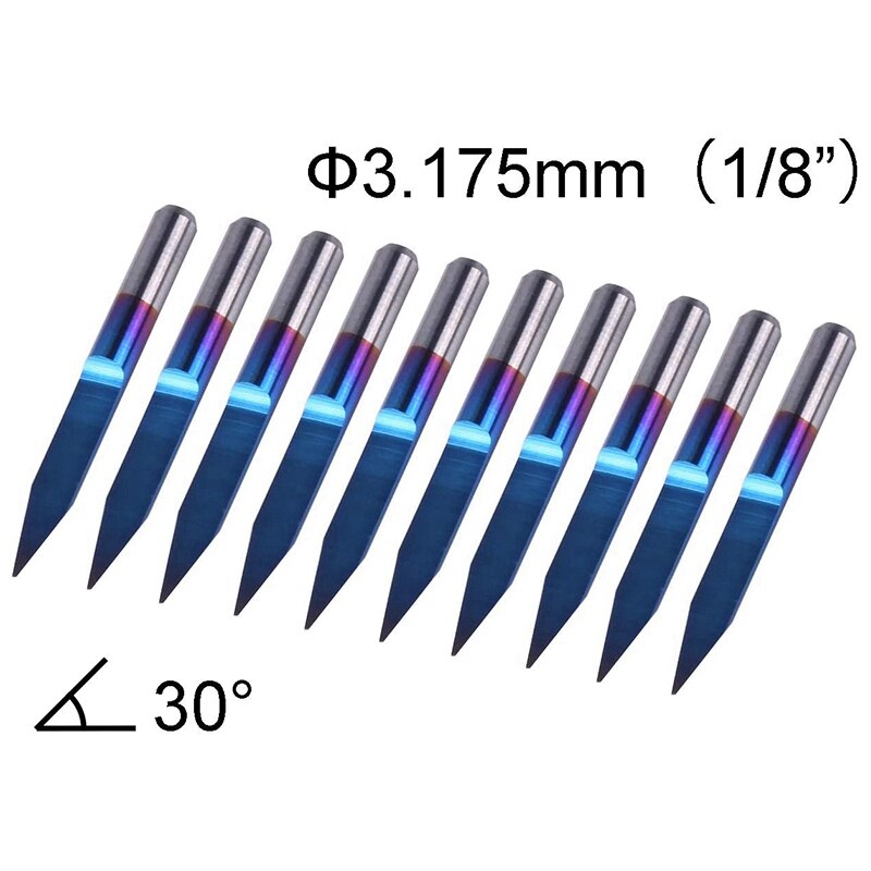 10 stuks v-vormige pcb graveerbits met blauwe coating, 3d freesjes met 30 graden, 0.1mm punten en 1/8 inch schacht, cnc freesbit