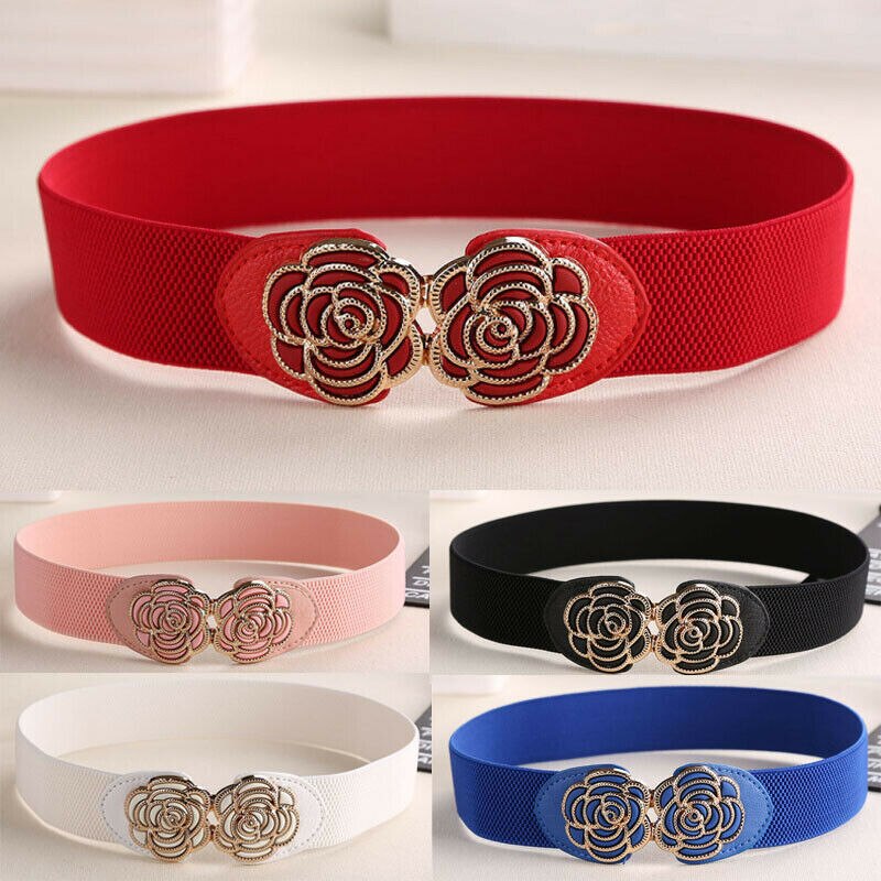 frauen Dame metallisch retro Blume Elastische dehnbar Kleid Schmale Taille Gürtel Band verrotten Blau Schwarz Weiß Rosa