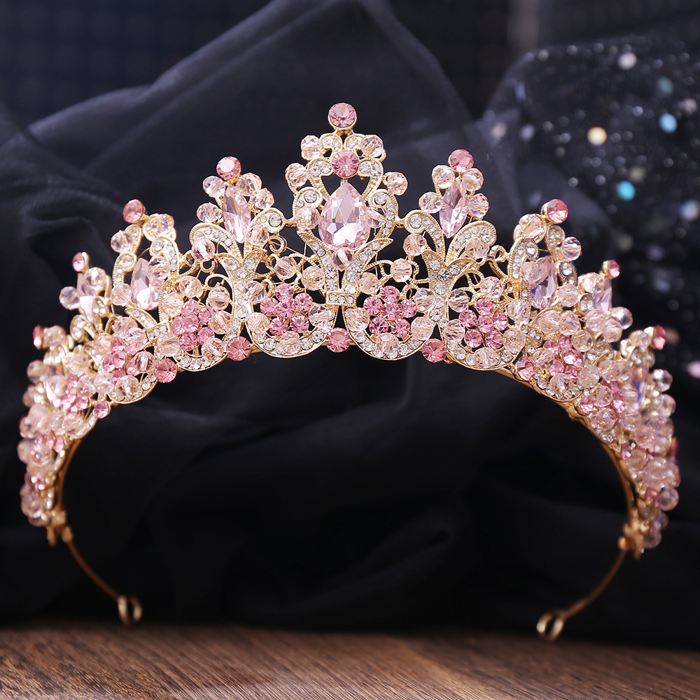 Corona de Tiara nupcial hecha a mano con cuentas de cristal rosa, diadema de diamantes de imitación, tocado Floral para desfile, accesorios para el cabello de boda: Color amarillo dorado claro