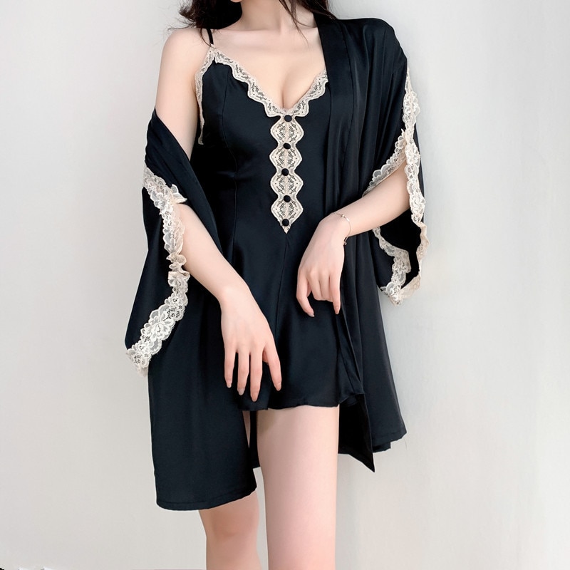 Fiklyc Summer 2PC Robe Gown Sets Mini Nightdress Bathrobes Black Sleepwear Lingerie Nighty Lounge Satin: black set / L