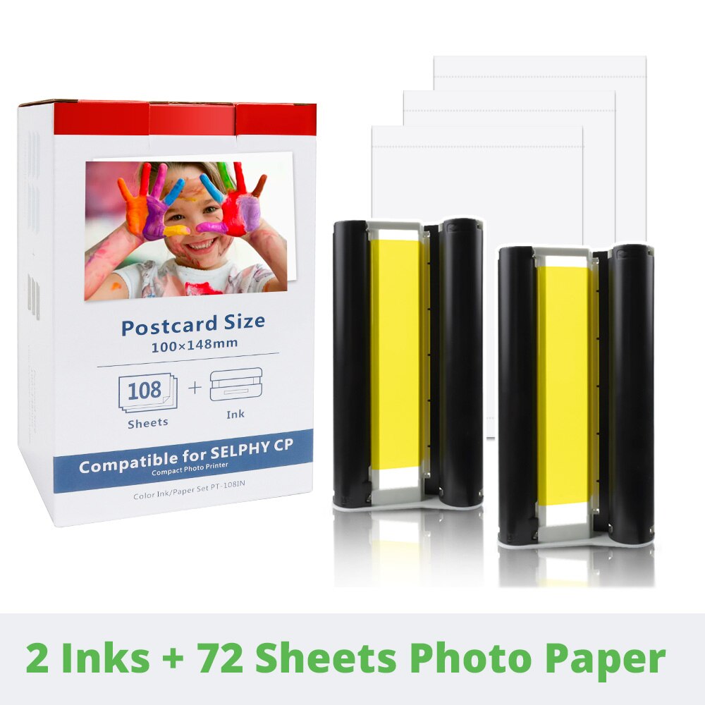 Papel fotográfico de 6 pulgadas, KP-108IN de casete de tinta y papel para impresora fotográfica Canon Selphy CP1300 CP1200 CP910 CP900: 2ink 72 photo paper