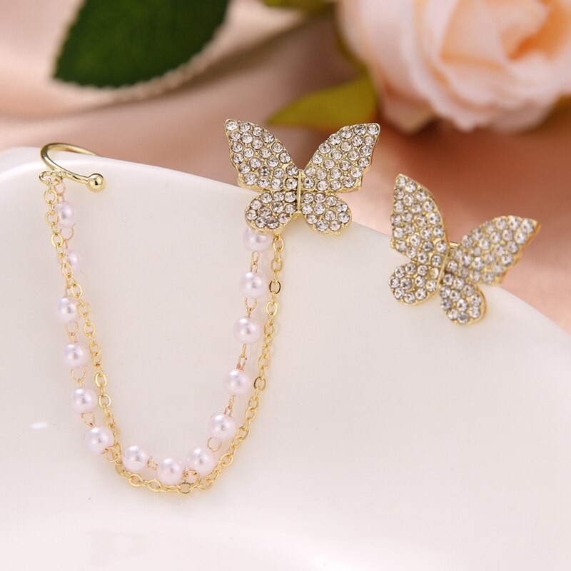 VKME Korean Crystal Butterfly Pearl Chain Stud Earrings For Women Clip On Earring Metal Cuff Earings Jewelry