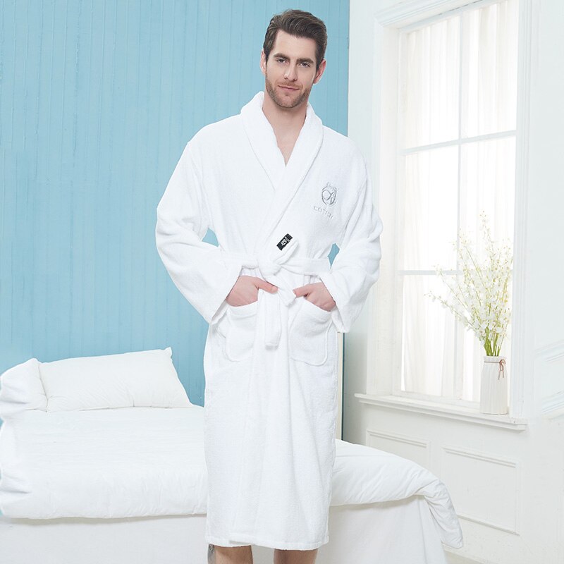 Men Robe Long Thick Warm Bath Robe Plus Size Women Robes Towel Fleece Bathrobe for Winter Dressing Gown Male Kimono Sleepwear: White / M(155-165cm)