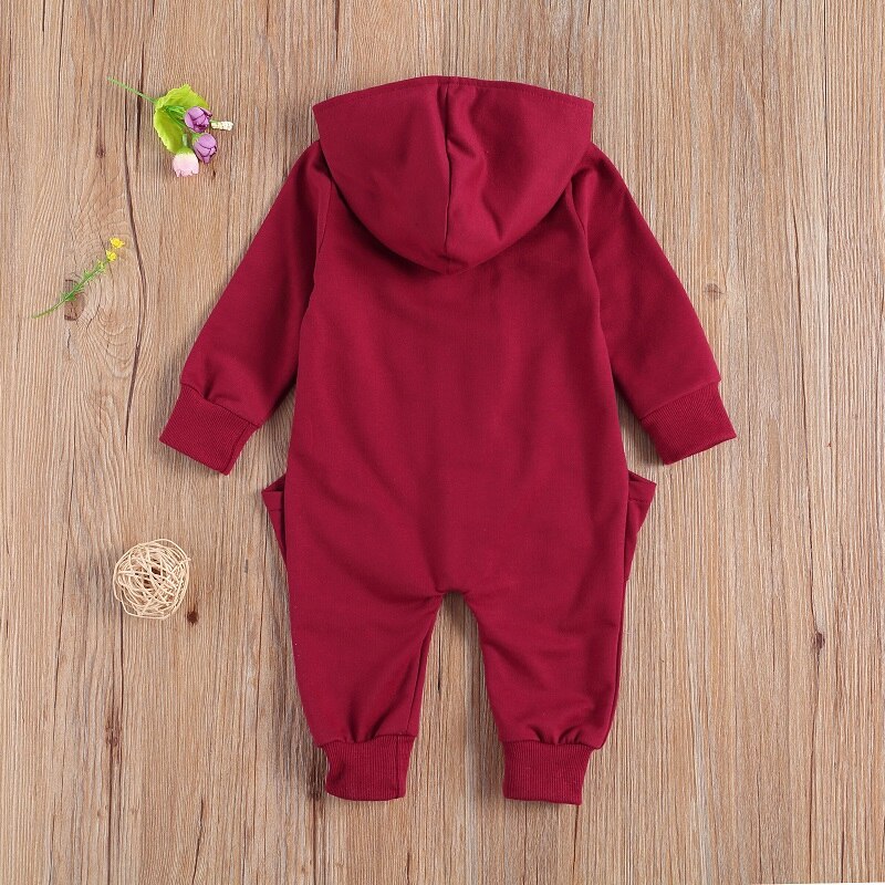 0-24M Pasgeboren Baby Jongen Meisje Effen Kleur Lange Mouw Grote Zak Rits Hooded Romper Jumpsuit Een Stukken herfst Kleding