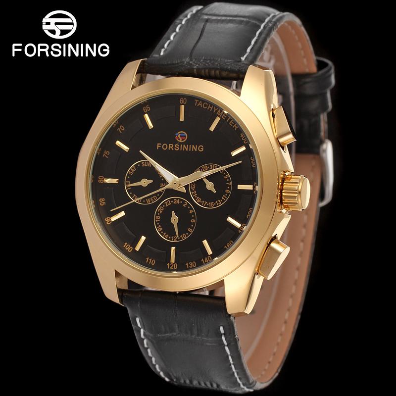 Mode Forsining Top Mannen Automatische Mechanische Horloge Mannen Goud Casual Horloges Lederen Kalender 24 Uur Klok: Yellow Gold-Black