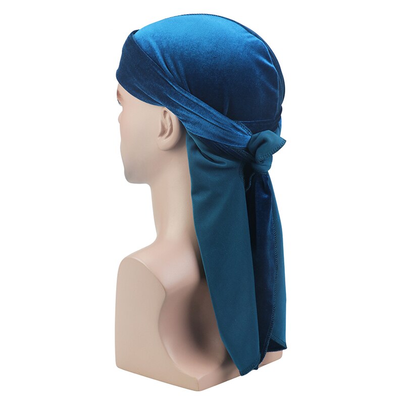 Mannen Fluwelen Lange Staart Durag Hip Hop Tulband Ademend Bandana Hoed Fluwelen Zijdeachtig Satijn Durag Doen Doo Du Rag Lange staart Headwrap: PEACOCK BLUE