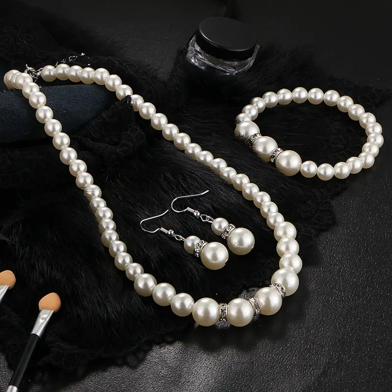 Modisches Perlen-Schmuckset, künstliche Perle, doppellagig, luxuriös, Ohrringe, Halskette, Hochzeit, Alltag, vielseitiges Halsketten- und Armbinde-einstellen