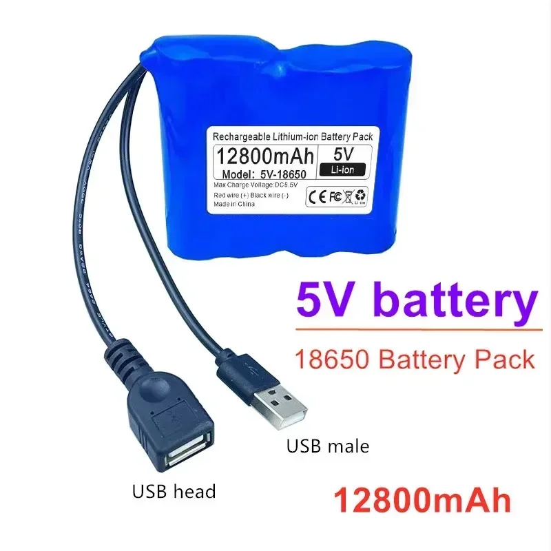 Batterie au Lithium 5V 18650, 12,8 ah, 9,8 ah, 6,8 ah, pour microcontrôleur, lumière extérieure LED, haut-parleur Bluetooth, alimentation de secours Audio: Black