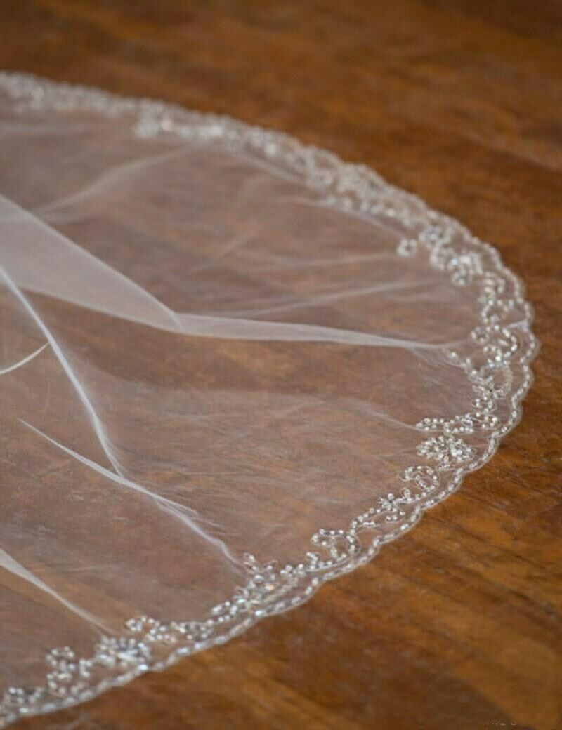 Long Wedding Bridal Veils White Ivory Cathedral Length Beaded Shiny Sequins Edge