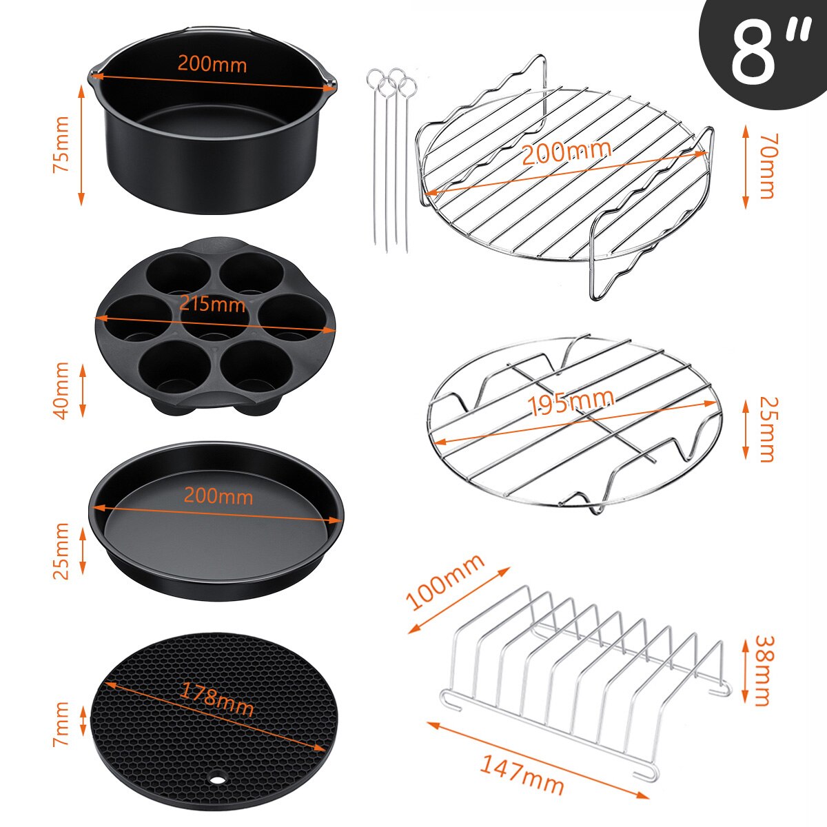 Air Fryer Accessories Set Baking Basket Pizza Plate Grill Pot Kitchen Cooking Tool 8Inch 5.3-5.8QT Deep Fryer Parts: 11Pcs Set A