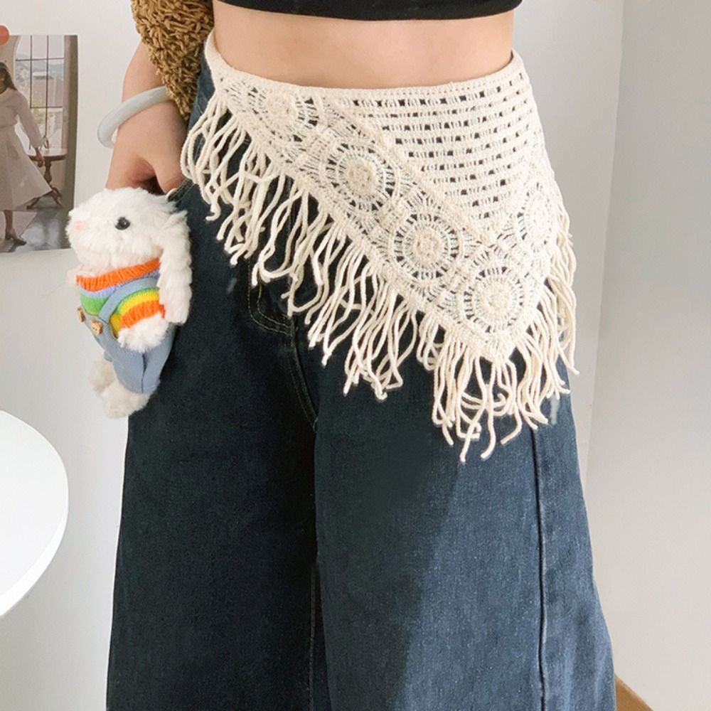 Turbante bohemio para mujer, pañuelo triangular tejido para la cabeza, chal colorido, delantal envolvente con bufandas con flecos, banda para la cintura de estilo étnico