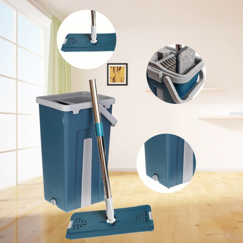 Squeeze Vad avec seau Vadrouille mains libres avec tampons en microfibre Rotation 360 Vadrouilles humides et sèches Cuisine et maison Outils de nettoyage à plat