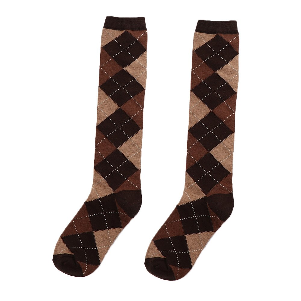 Girl JK Knee High Socks Stockings College Rhombus Plaid Knee Socks Women Keep Warm Female Sock Ladies Long Socks: B-coffee