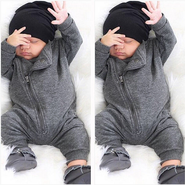 One Piece Baby Autumn Zipper Rompers Grey Cotton Long Sleeve Kids Baby Boys Romper Jumpsuit Clothes Outfits 0-2Y