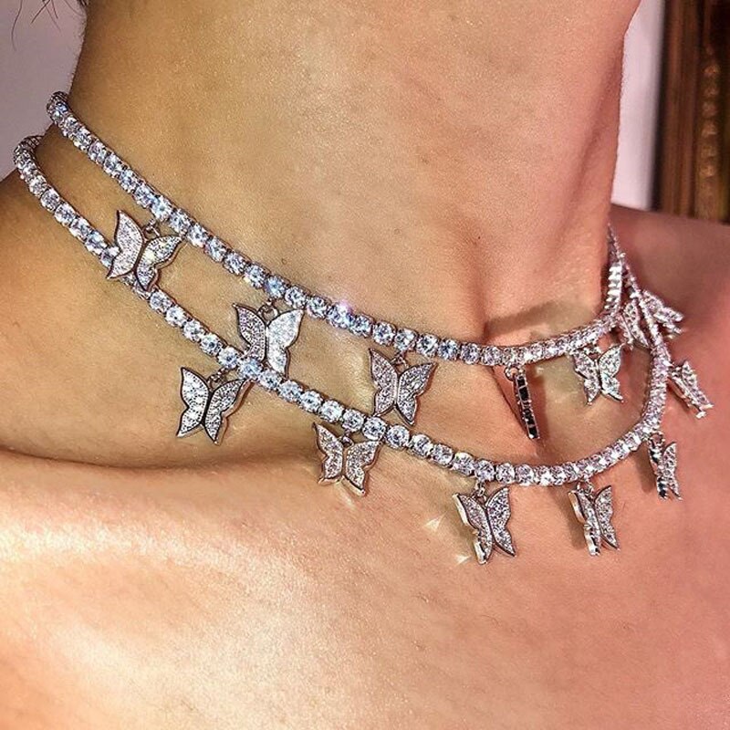 Gargantilla de diamantes de imitación de cinco mariposas para mujer, collar de cadena gótico de Hip Hop, joyería para , collar de Gargantilla con colgantes