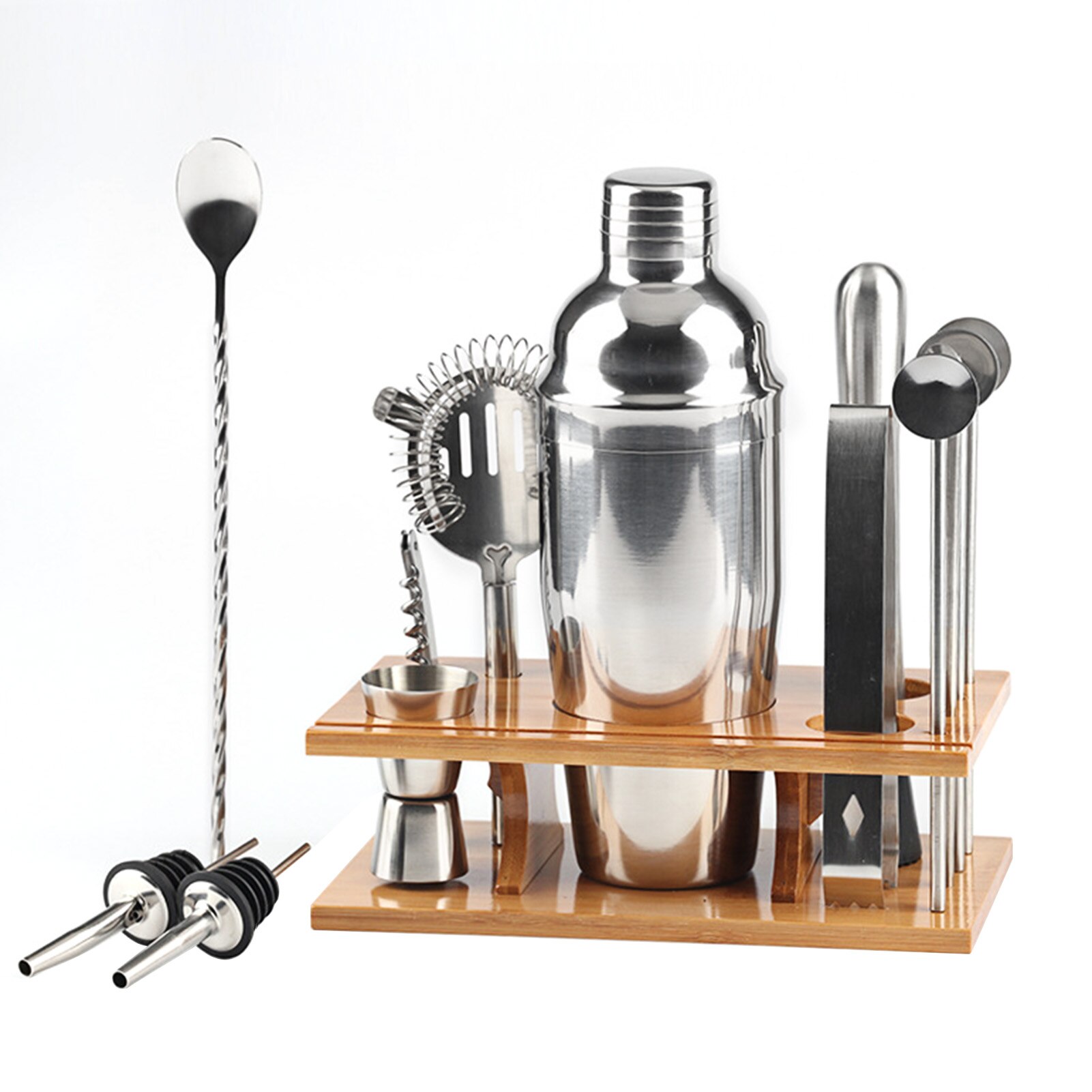 14pcs Cocktail Shaker Set with Wood Rack Stand 750ml Stainless Steel Cocktail Mixology Kit Making Wine Bars Set Drinks Tool: Default Title