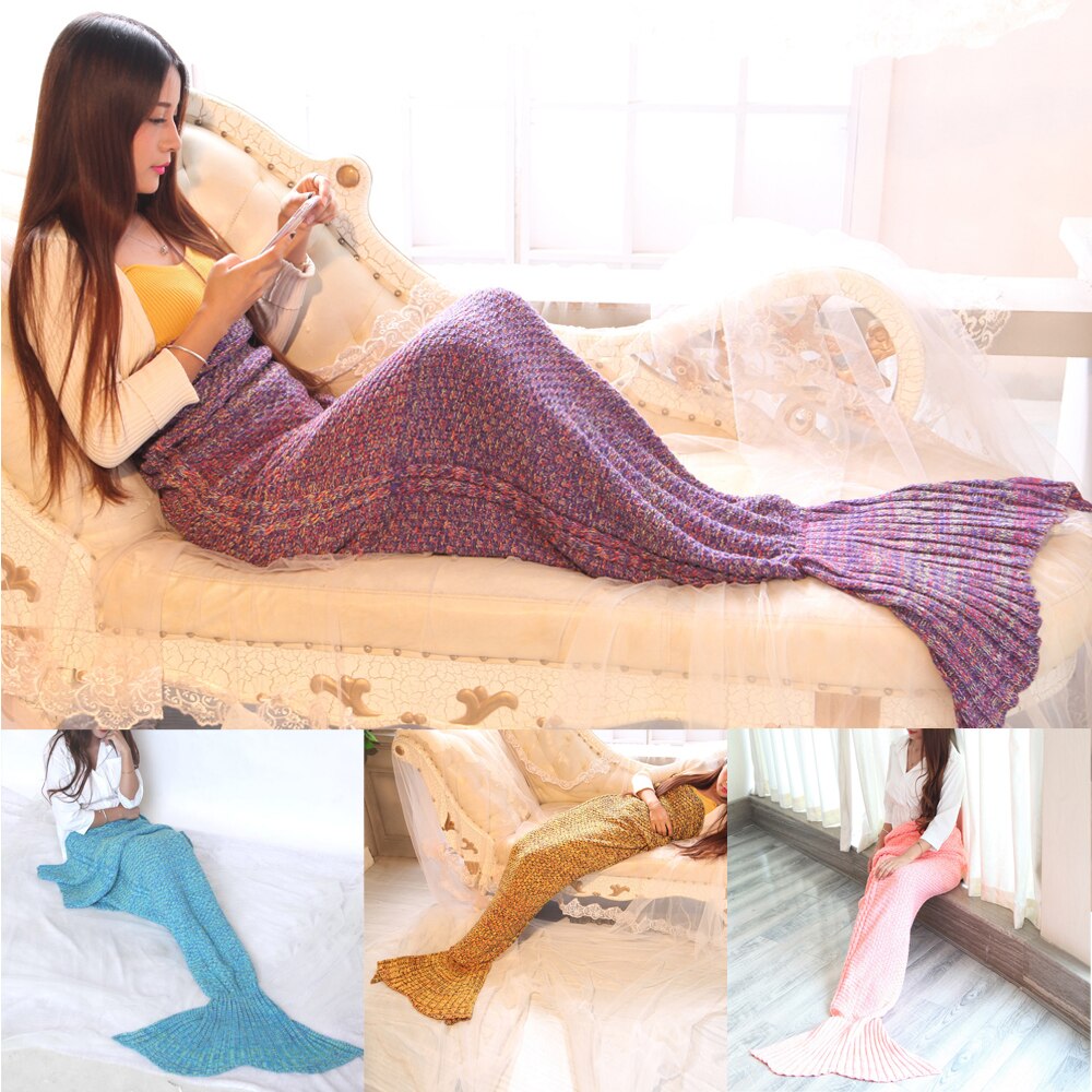 Mermaid Tail Blanket Crochet Mermaid Blanket for Adult, Soft All Seasons Sleeping Blankets 5 Colors