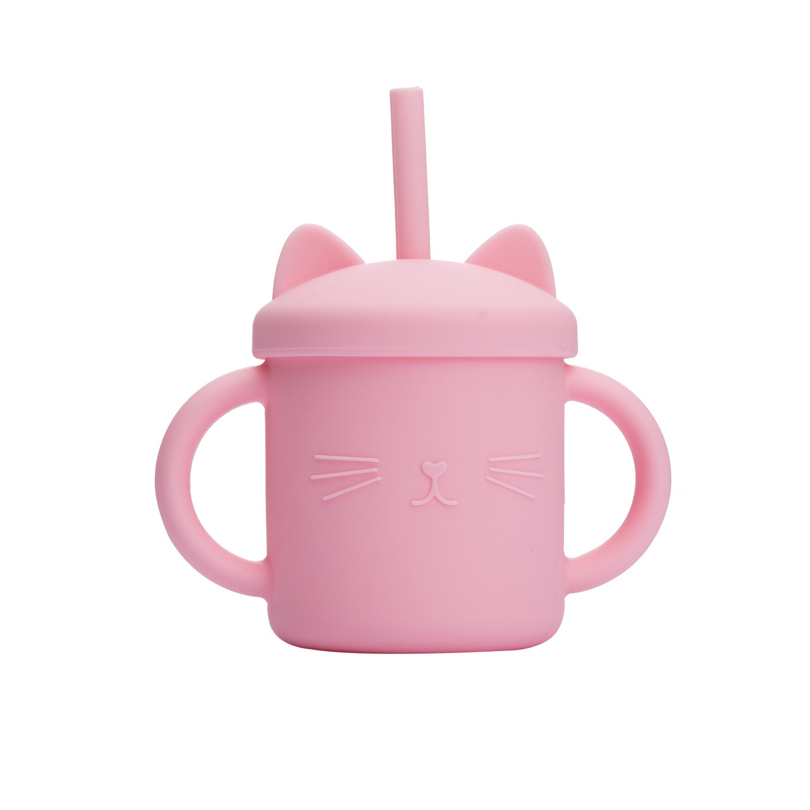 Vasos de silicona para alimentación de bebé, taza con dibujos de gato para niños pequeños, tapas sólidas con asa para beber: Pink