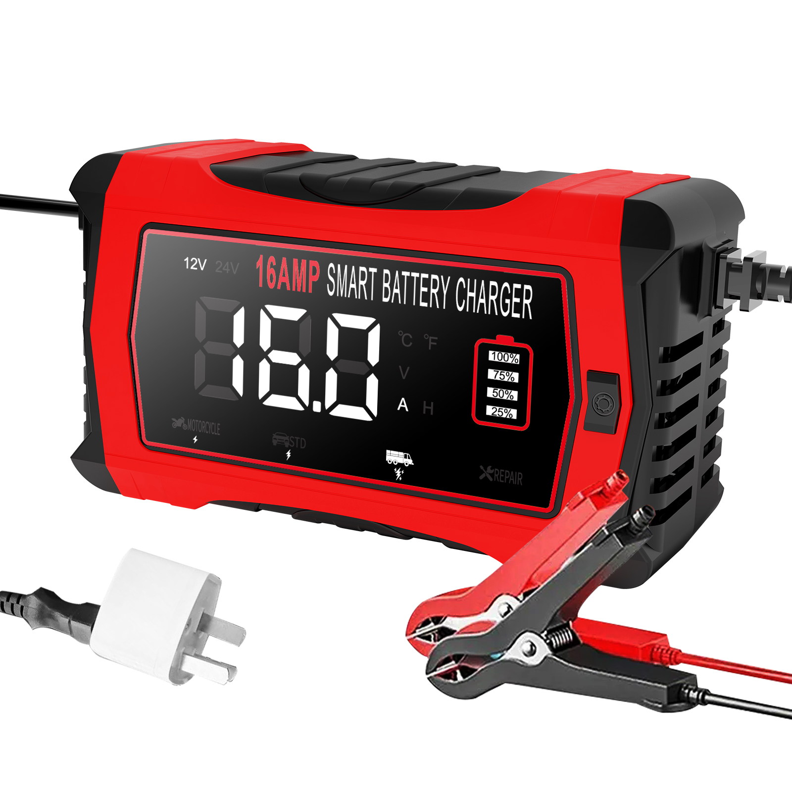 Caricabatteria per auto di riparazione universale 12V 16A 24V/10A Caricatore per moto di riparazione intelligente per batteria al piombo AGM gel LiFePO4: Avorio