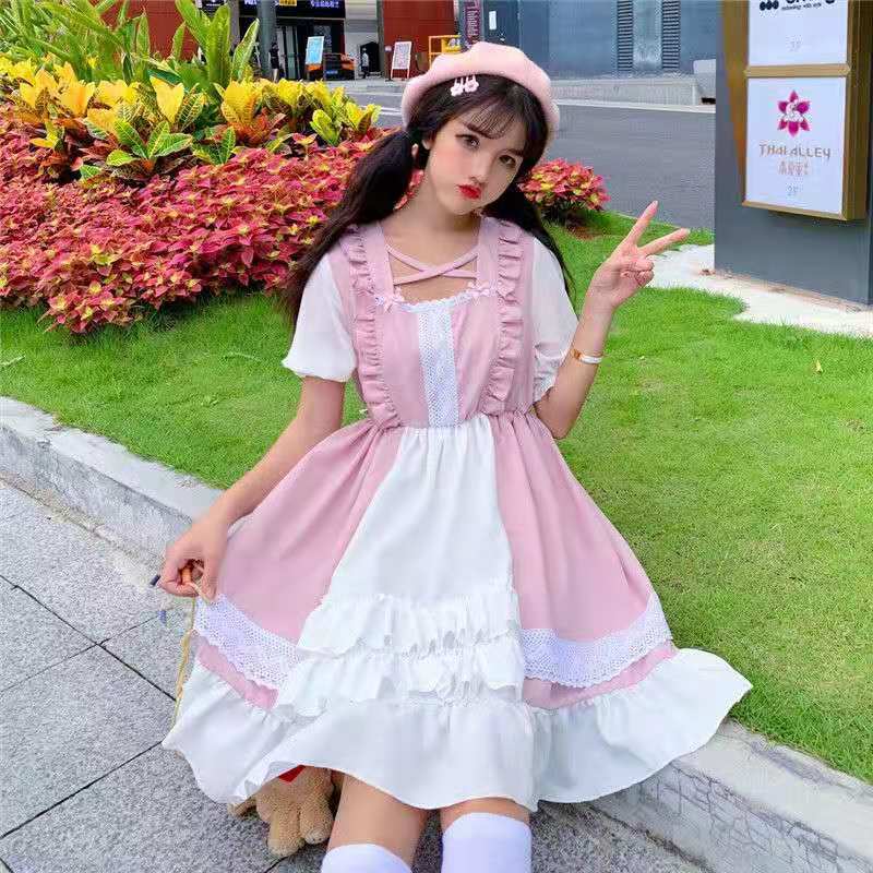 Japanese Black Pink Maid Costume Loli Lolita Skirt Op Small Cute Soft Girl Fairy Skirt Gothic Lolita Dress Women Kawaii Clothing: short sleeve pink