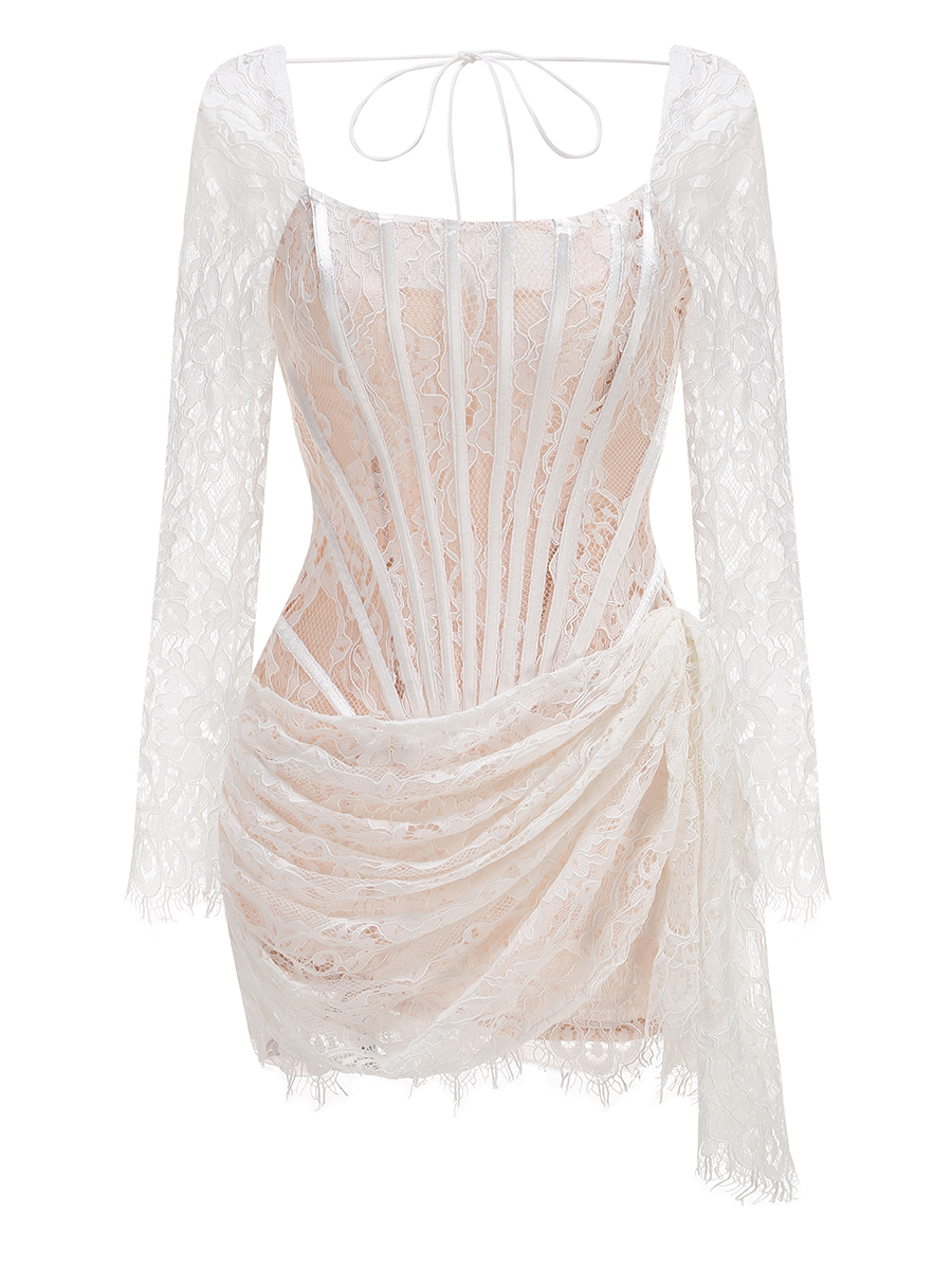 Women's Evening Dresses White Birthday Dress for Women Luxury Autumn Pleated Gowns Lace Patchwork Party Clothes: XS / Clear