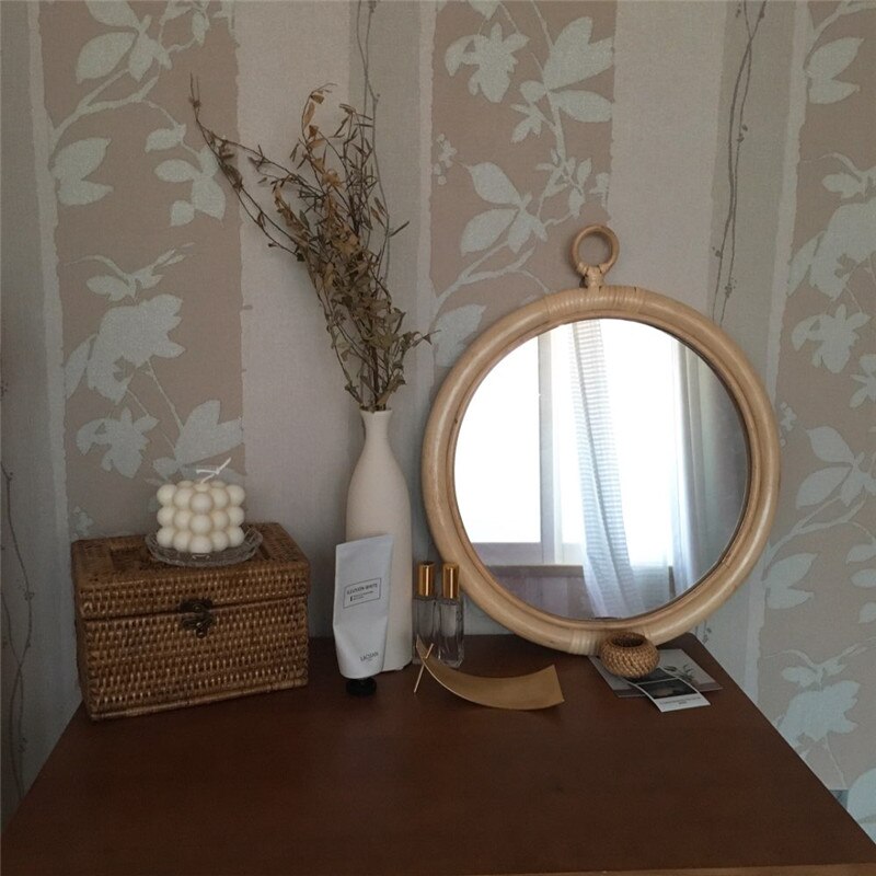 Espejo de pared de ratán decorativo Maison Nordic Korean Japan Estilo Vintage hecho a mano decoración colgante hogar redondo maquillaje espejos