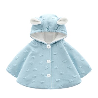 Korean Baby Winter Hooded Jacket Little Girl Solid Velvet Warm Ponchos and Capes Casual Rabbit Ear Children Outerwear Cloak Coat: Blue / 6M