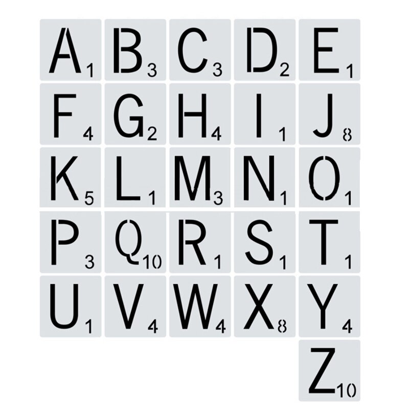 26 stk genanvendelige scrabble bogstaver alfabeter stencils tegner maleri skabeloner til diy håndværk hjem vægdekoration: 15 x 15cm
