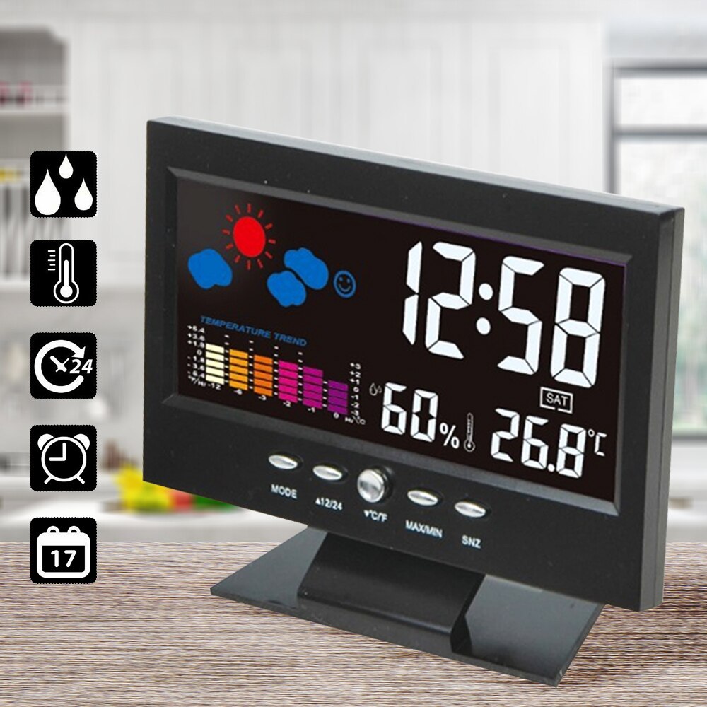 Indoor Thermometer Hygrometer Alarm LCD Digitale Klok Kalender Weerstation Bureauklok Temperatuur-vochtigheidsmeter Barometer