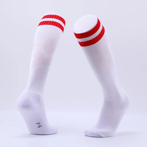 Kinder Erwachsene Fußball Socken Jungen Fußball kinder Oben Knie Plain Socken Lange Fußball Strümpfe Männer Über Knie Hohe Socken baseball: white with red / adult size