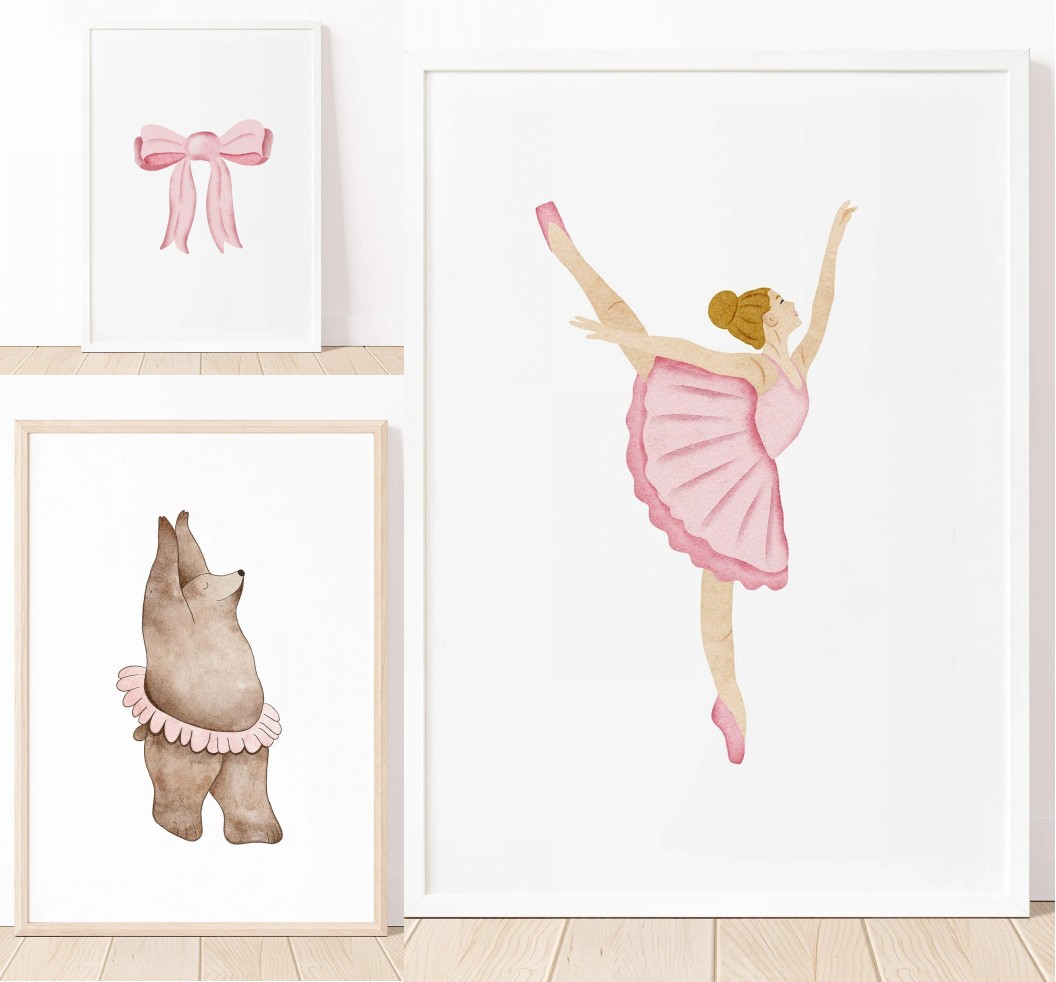 Pintura en lienzo con lazo de oso de bailarina de Ballet rosa, arte de pared minimalista divertido, estampado para guardería bohemio, decoración de habitación de niños