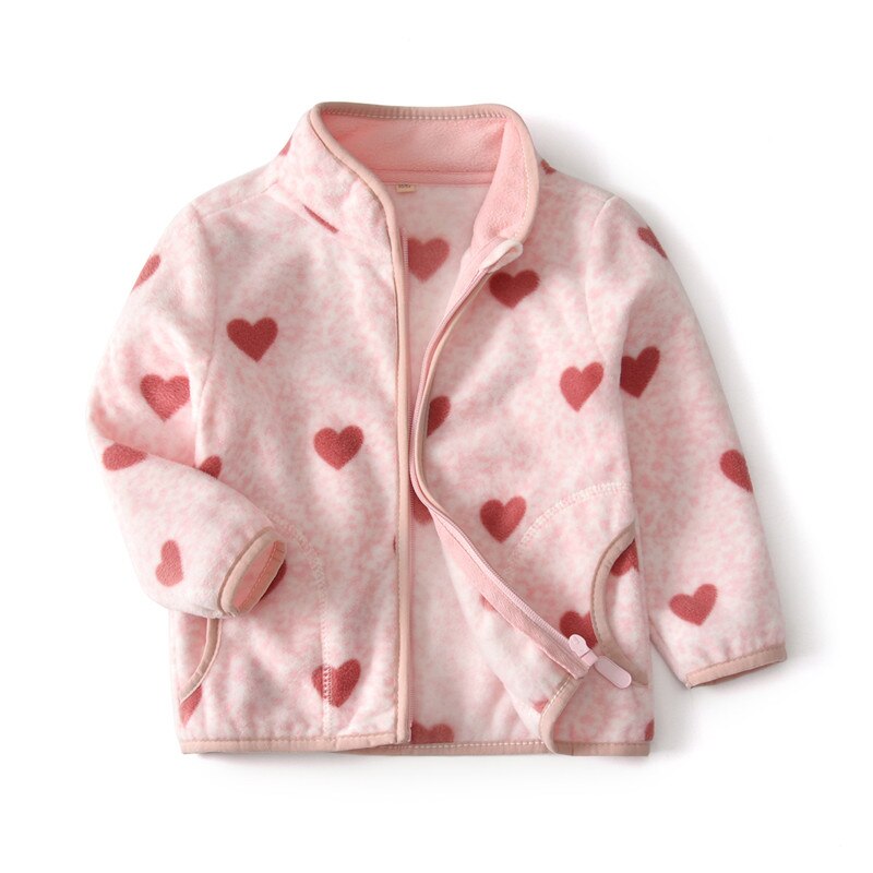 Springende meter 2-8t lyserøde fleece piger jakker hjerter print børn outwear tøj lynlås børn frakker: 4t