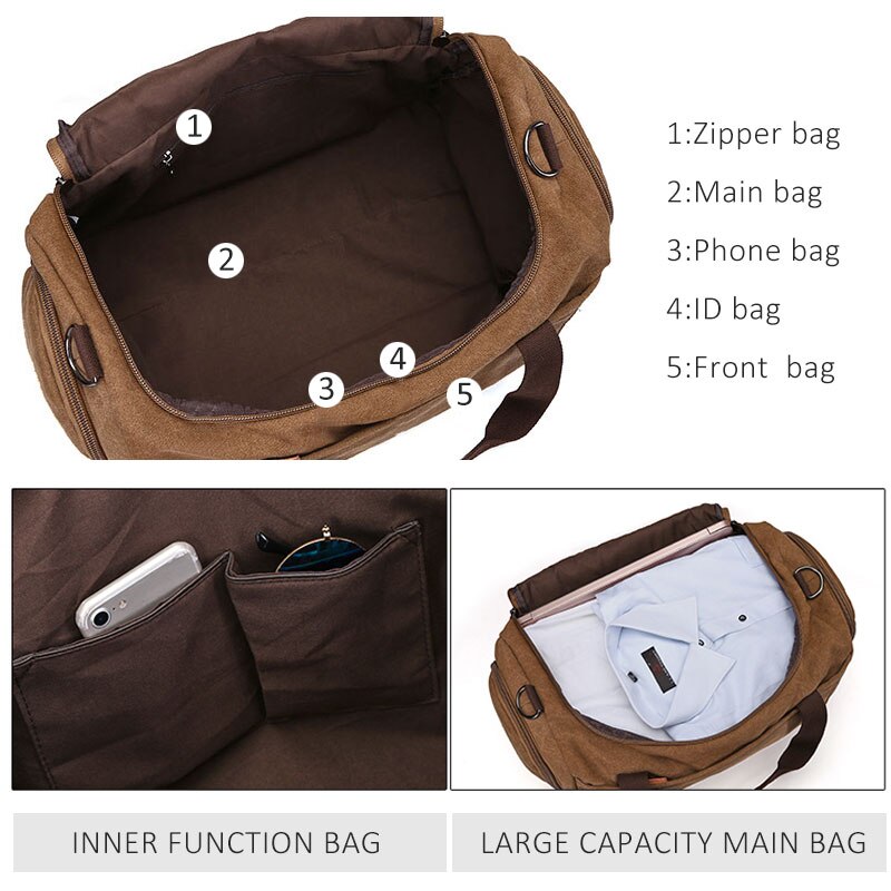 Scione Men Canvas Travel Bags Suitcase Waterproof Luggage Duffel Shoulder Bag Large Capacity Solid Crossbody Portable Handbag