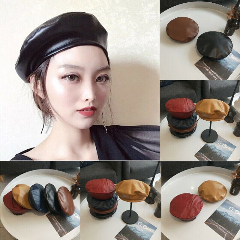 Womens Ladies PU Leather Beret Harajuku Wool Basque Beret Hat With Bowknot Caps PU Leather Beret Hat Golf Driving Flat Beret Cap