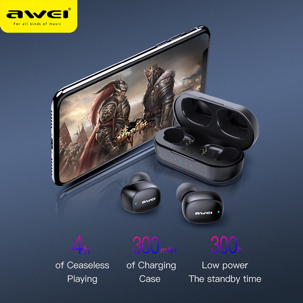 Awei Tws 5.0 Oordopjes Touch Sensor Bluetooth Hoofdtelefoon Auto Pairing Gaming Oortelefoon T13 Met 300Mah Opladen Case