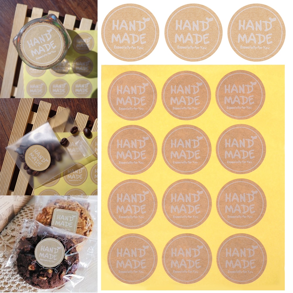 12PCS Labels Round Natural Kraft HAND MADE Sticker seal labes Self-adhesive Paper Stationery Sticker