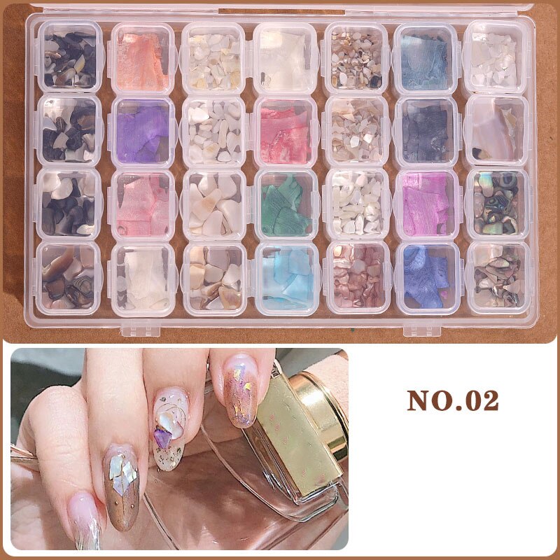Ensemble d'accessoires pour ongles à 28 grilles, poire/métal/coque/résine/cristal strass pour manucure/bricolage, Kit de décorations pour Nail Art # DXM12: 28 grids jewelry-02
