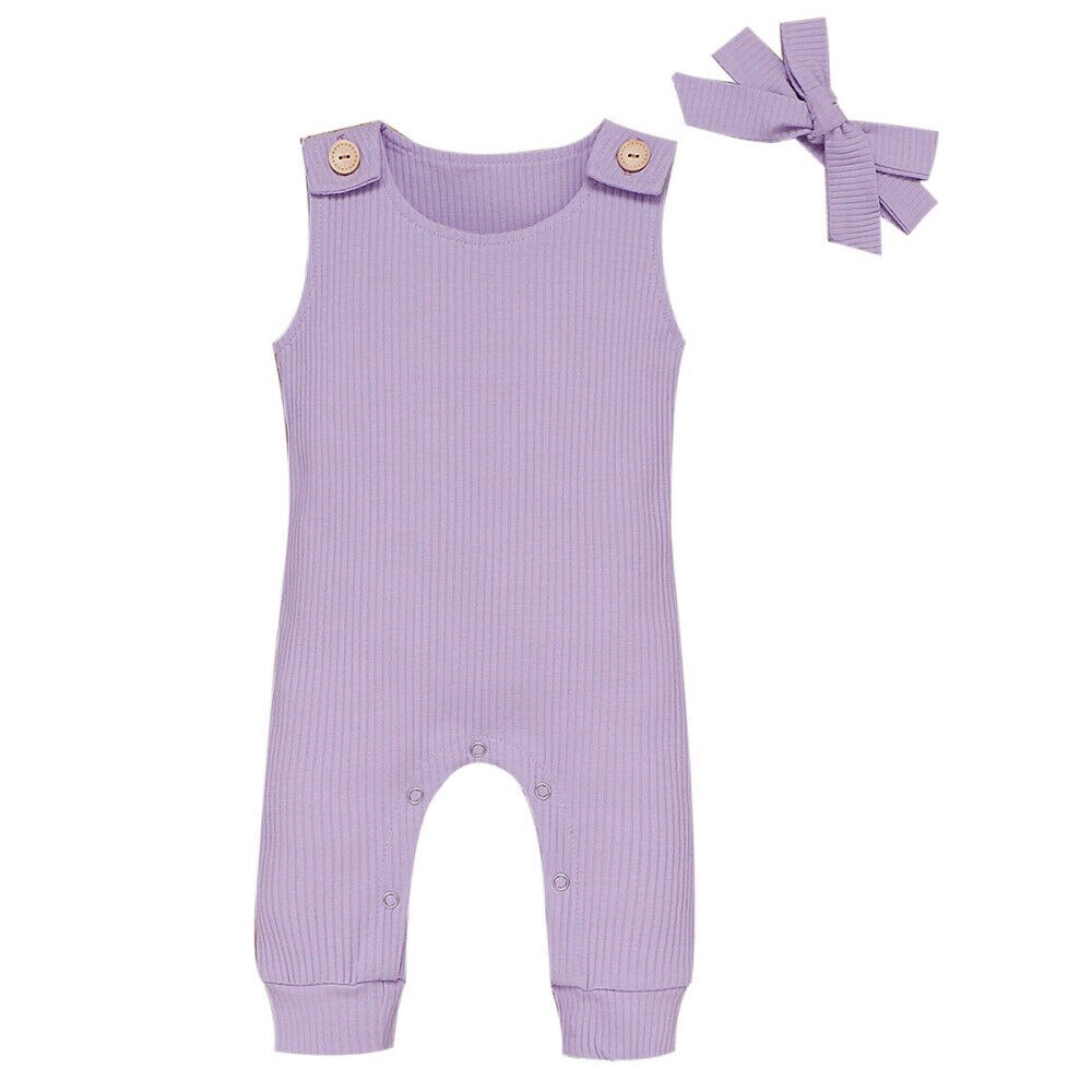 0-24m spedbarn baby jente gutt romper solide ermeløs nydelig jumpsuit+hodebånd 2 stk antrekk klær sommer: Lilla / 18m
