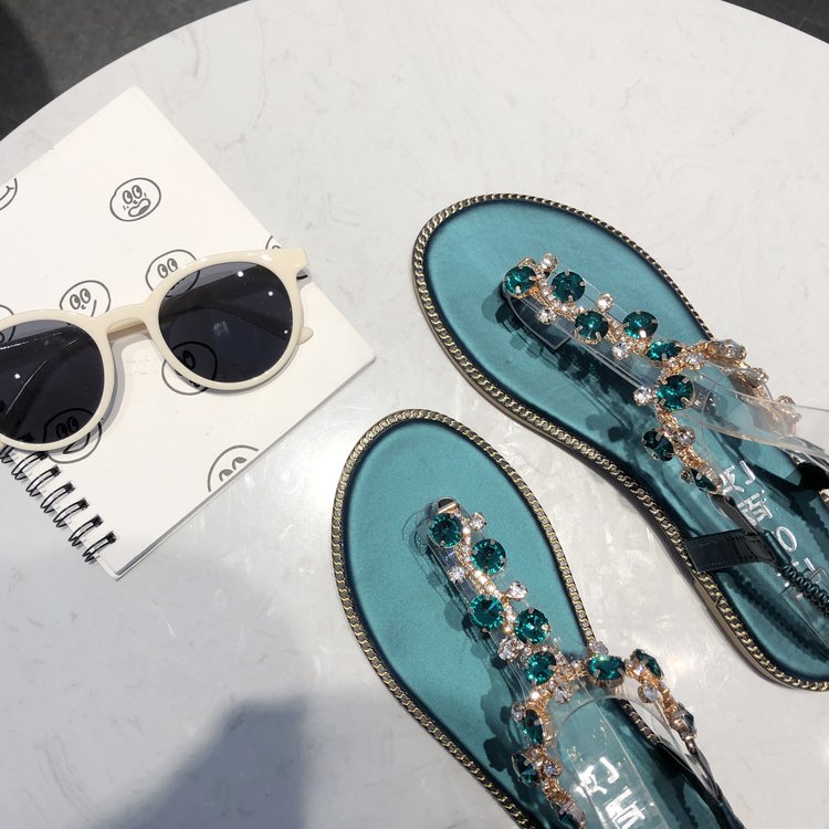 Sandalias de verano con cristales y pedrería para mujer, chanclas planas elásticas con tiras en la parte posterior y tiras para los dedos  r135