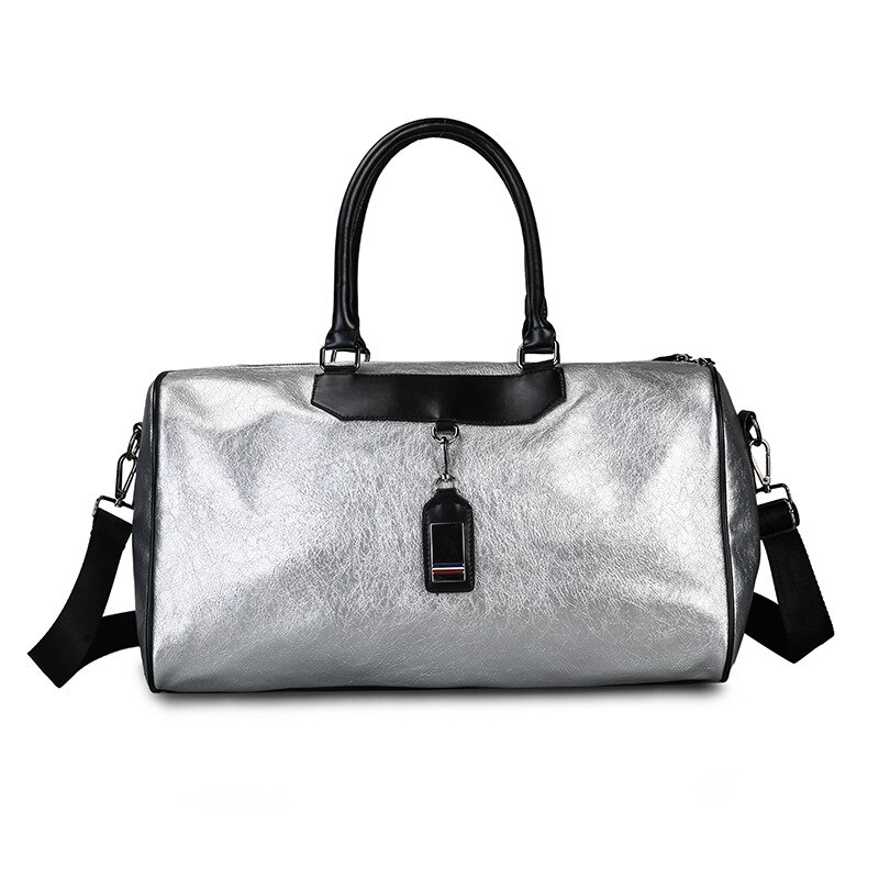 Zilveren sporttas damesbagage tas in reistassen met label duffel sporttas leer dames yoga fitness sport grote sporttassen dames: Zilver-l